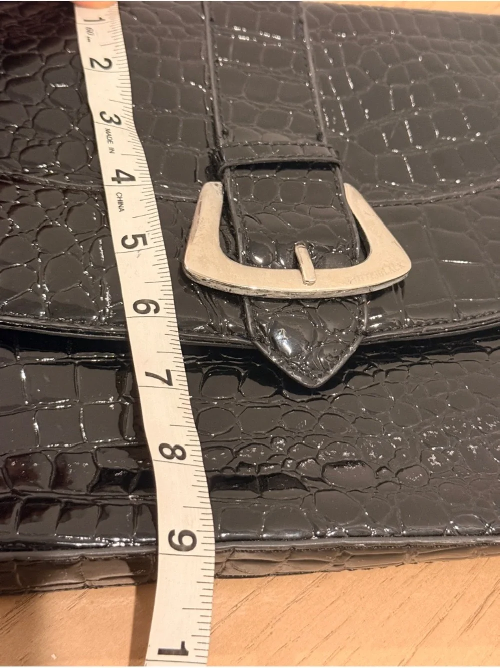 White House Black Market Black Croc-Embossed Patent Clutch with Silver Buckle - Picture 3 of 6